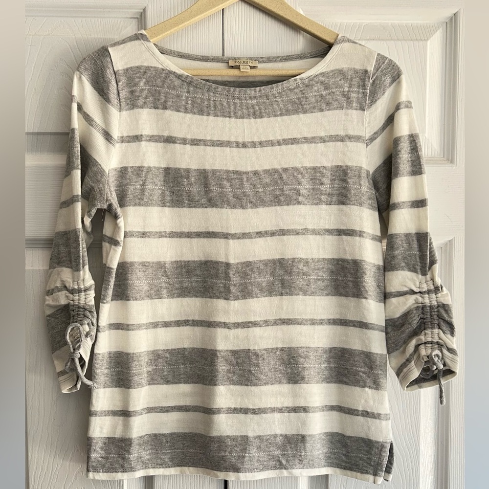 Talbots ladies long sleeve grey / white stripped tshirt with drawstring sleeves